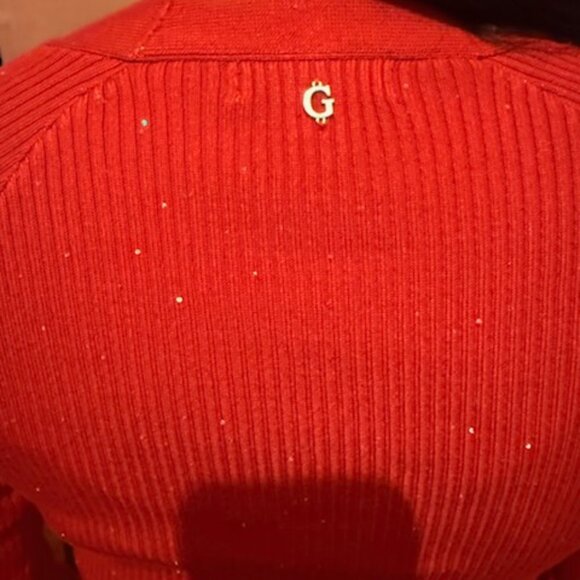Guess Women's Red Cable Rib-Knit Sequins V-Neck Celia Sweater Dress Size XS - Picture 5 of 7